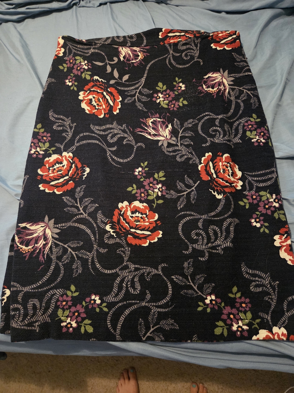 Floral Pencil Skirt in Black with Red & Purple Blooms